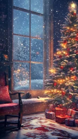 Cozy Christmas window glow and sparkling snowy evening.