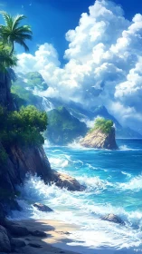 Coastal landscape with mountain formation and vertical cloud columns.