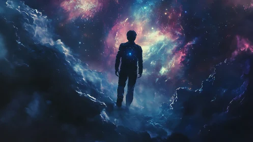 Silhouetted figure walks through glowing cosmic nebula sky