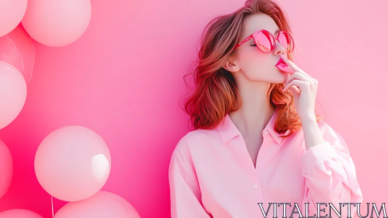 Monochrome pink fashion portrait with balloons and gloss.