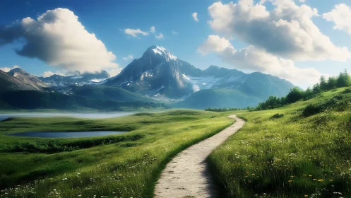Mountain valley trail under cumulus clouds with glacial massif