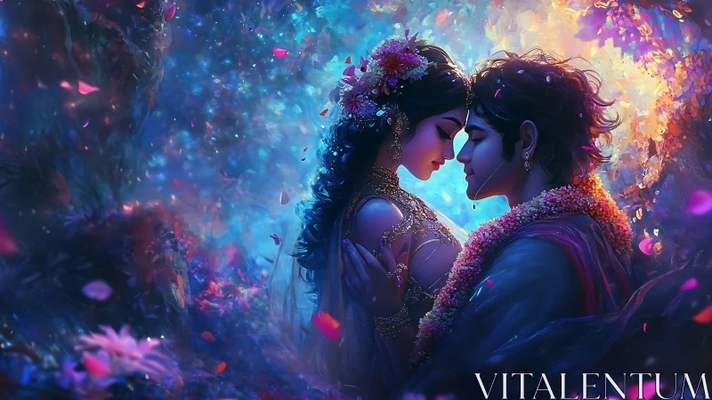 Two figures in luminous digital embrace amid neon particle effects