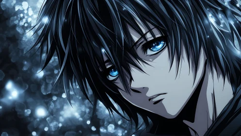 Blue-eyed anime boy in moody bokeh night lighting.