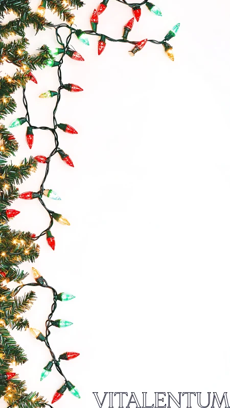 Vertical border of holiday lights with fir branches on white.