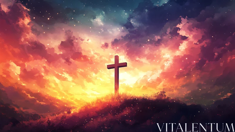 Backlit wooden cross silhouetted against high-saturation nebular sky