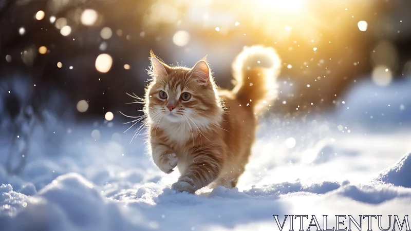 Tabby kitten navigating snow terrain under golden sunlight
