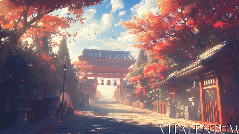 Digital rendering depicts temple gate framed by autumn trees