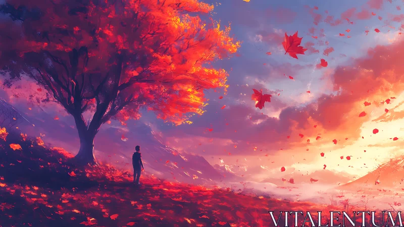 Solitary figure under blazing autumn tree at sunrise.