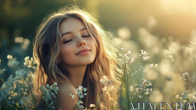 Serene young woman in sunlit wildflower meadow, dreamy soft focus.