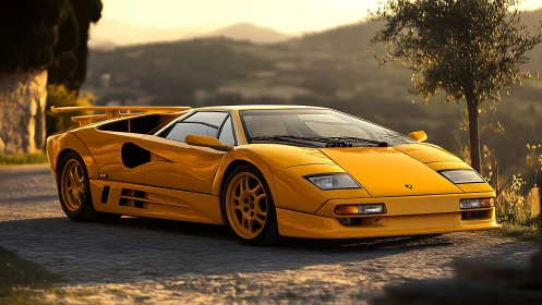 Yellow supercar glows at golden hour on a quiet country road
