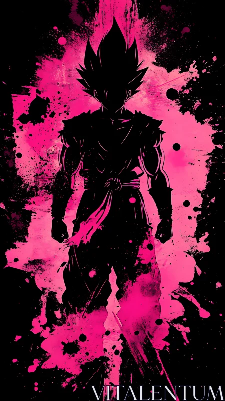 Silhouetted warrior emerges from neon magenta ink splatter field