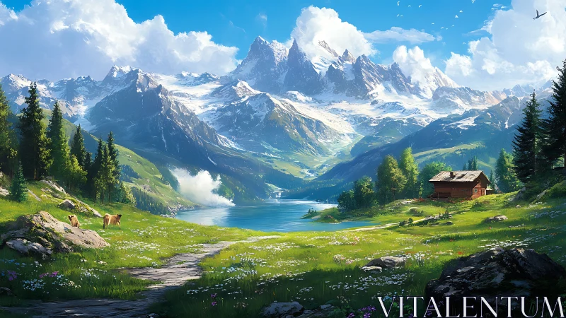 Alpine lake valley with cabin under soaring snowy peaks.