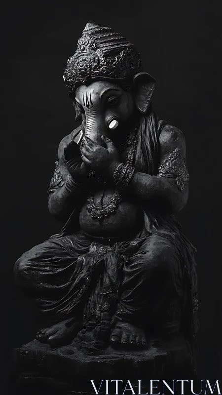 Monochrome Ganesha sculpture in contemplative seated pose.