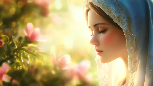 Soft sunlight crowns a veiled maiden in quiet garden prayer