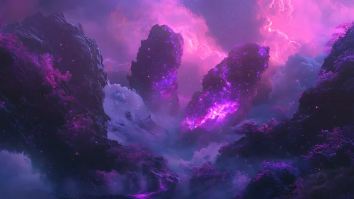 Luminescent purple rock spires rise through dense glowing clouds