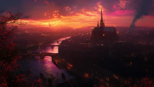 Gothic riverside cathedral under luminous crimson sunset sky.