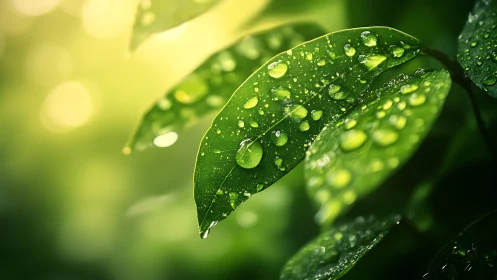 Close-up view of green leaves with water droplets in light.