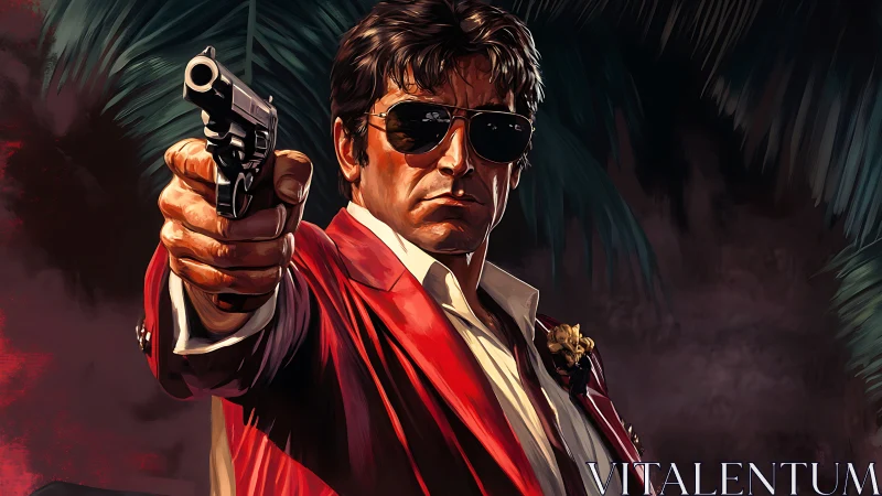 Ballistic close-up of suited gunman in stylized tropic dusk.