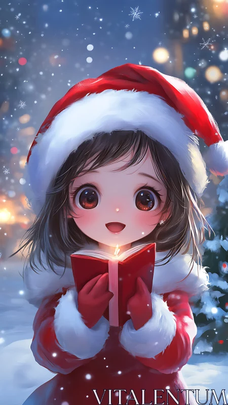 Joyful anime caroler in glowing snowy Christmas night.