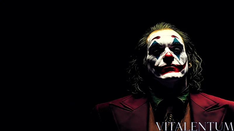 Clown in maroon suit under stark single light source.