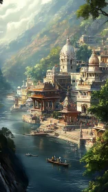 Riverside temple city with domed palaces and busy ghats.