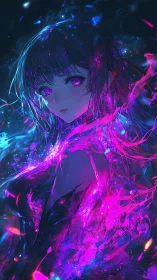Neon spectral girl amid swirling magenta energy shards.