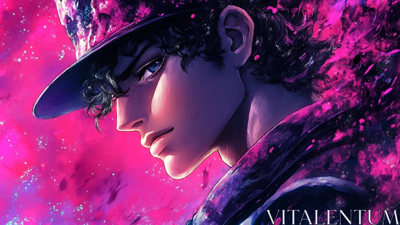 Moody anime hero in cosmic pink and purple glow.