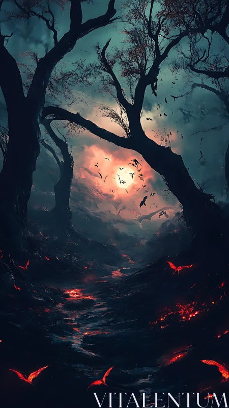 Twisted forest path with molten ground and distant red sun.
