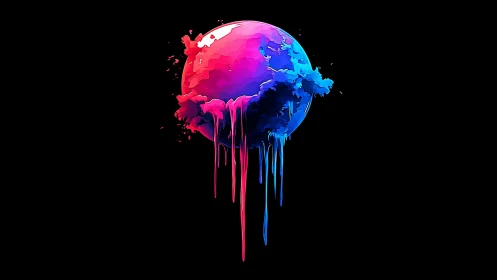 Neon planet of dripping paint floats in deep black space