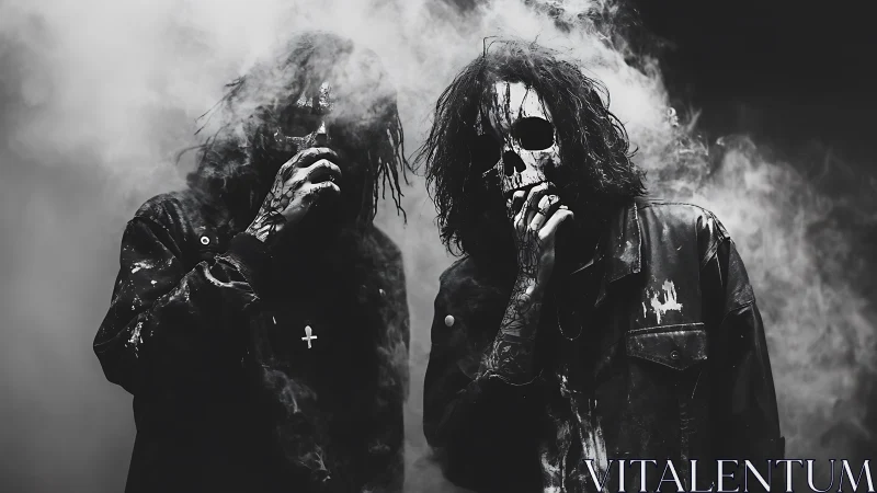 Smoky monochrome portrait of masked figures in skull paint.
