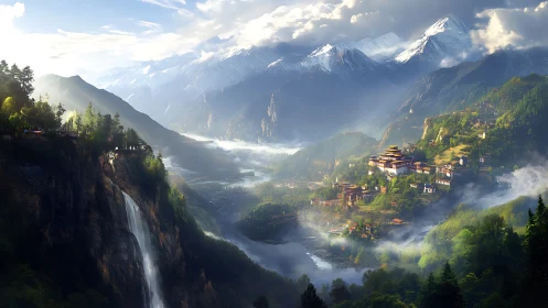 Terraced mountain temples overlook deep valley waterfall under mist