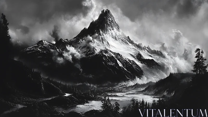 Storm-laden alpine peak towers over shadowed glacial valley