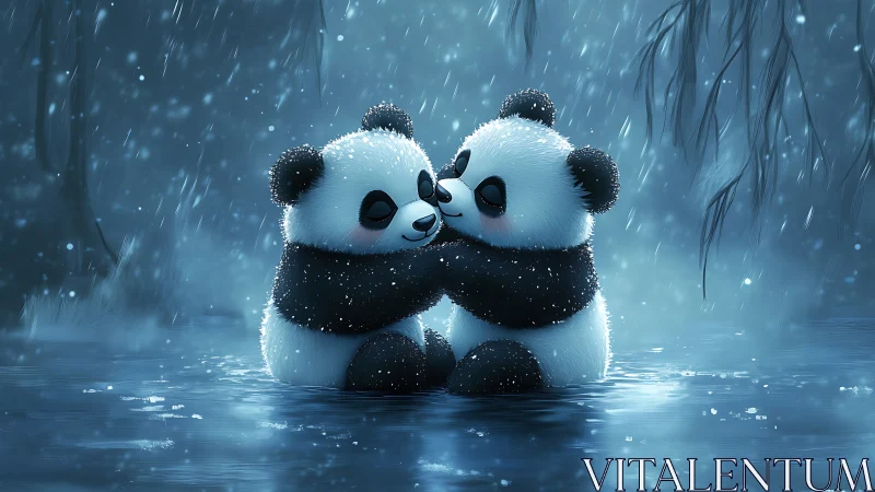 Moonlit panda cuddle in a shimmering blue rainstorm.