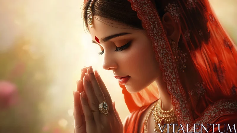 Side profile of woman in red veil with folded hands.