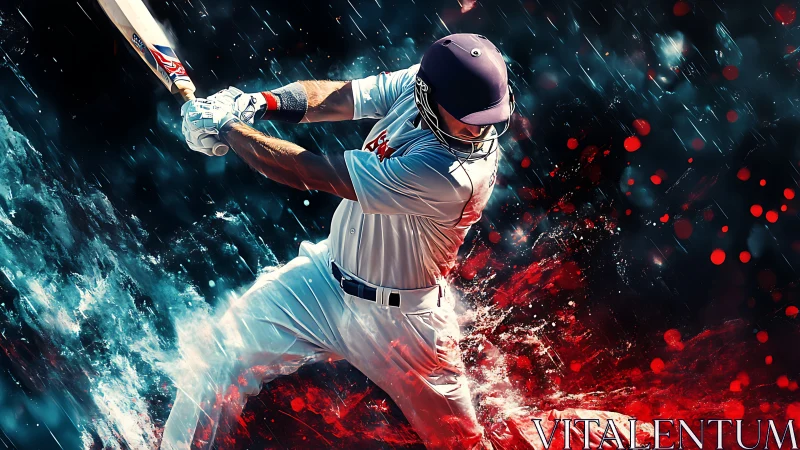 Cricket batter swings through splashing red and blue energy.