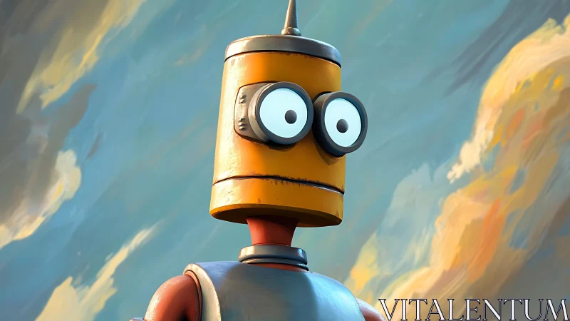 Cylindrical cartoon robot portrait under painterly skyscape.