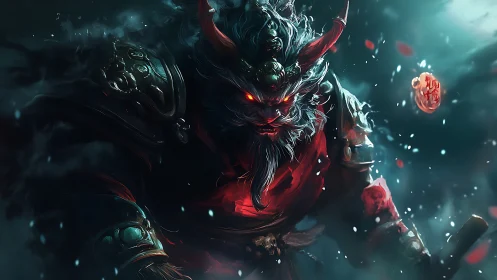 Demonic warlord prowls through stormlit embers of battle fury