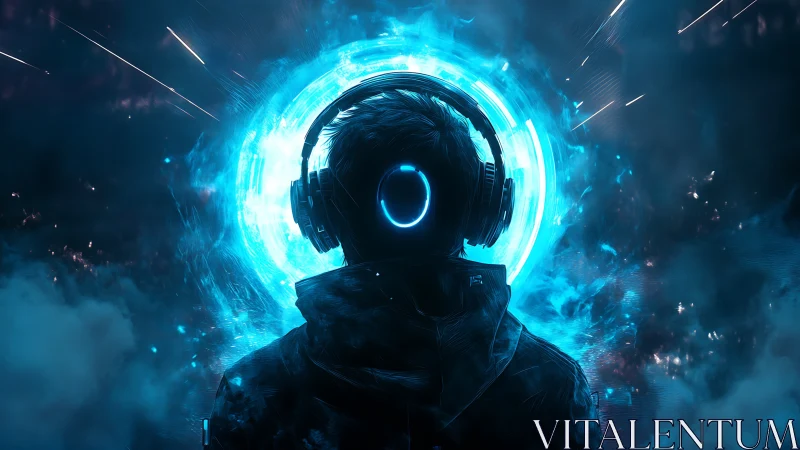 Neon cyber listener framed by radiant sonic vortex.