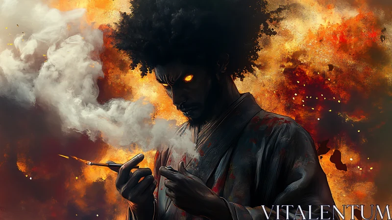 Warrior with burning eyes holds smoking brush before explosion