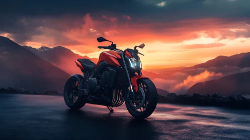 Photorealistic sport motorcycle at alpine sunset viewpoint.