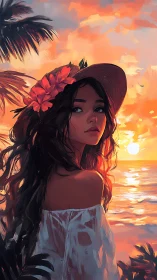 Sunset muse in hibiscus crown above a glowing sea. Period.