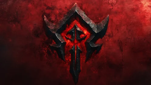 Metallic emblem on textured red background, centered view.