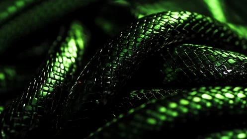 Close view of glossy green snake scales under hard light.