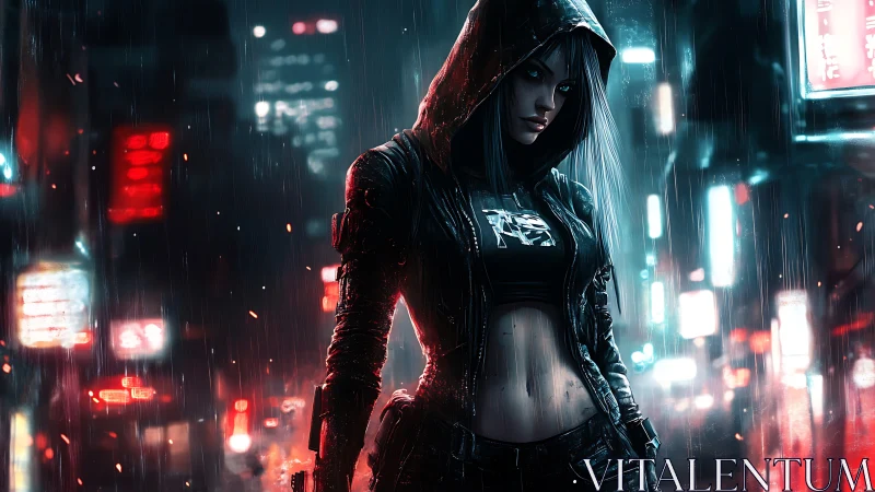 Cyberpunk hooded heroine strides through neon rainstorm night.