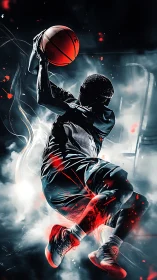 Explosive basketball dunk ignites smoky court in neon energy