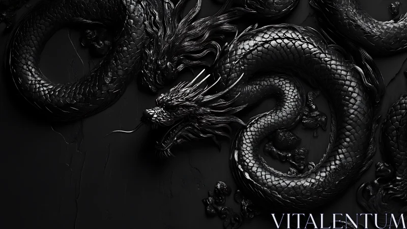 High contrast black serpentine dragon relief with glossy scales
