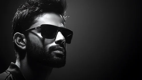 Confident man in sunglasses under strong side lighting.