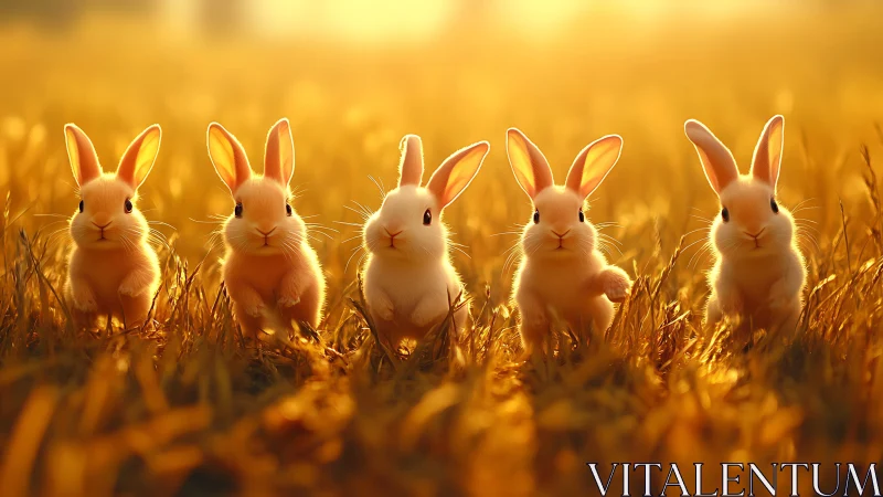 Five golden rabbits standing in sunlit field at sunset.
