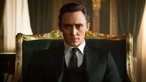 Formal male portrait in ornate armchair, cinematic lighting, suit