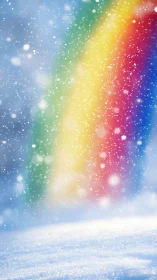 Snowy foreground with soft-focused winter rainbow backdrop.